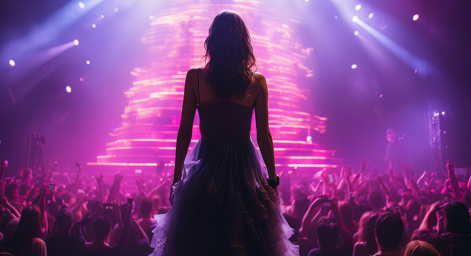 Fictional woman artist on stage in the light of purple spotlights AI