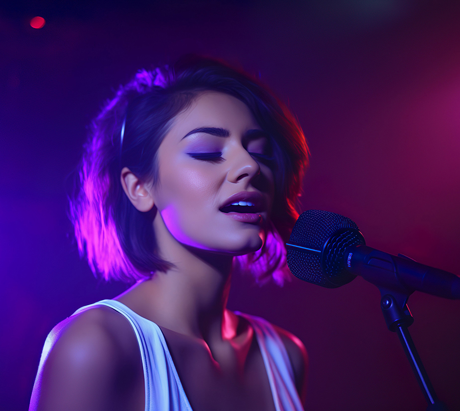 Stylish songster American girl singing song on mic with an purpl
